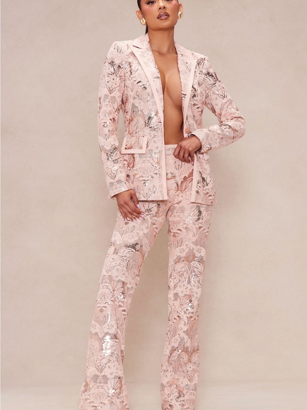 Women's Pink Lace Sequin Blazer and Pant Suit - Picture 6 of 6